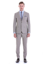A tailored gray checkered suit with a matching pair of trousers, featuring subtle vertical pinstripes and a classic two-button design.