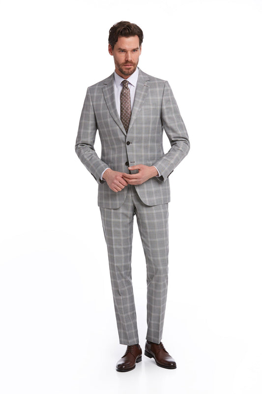 A tailored gray plaid suit with a classic three-button jacket and matching trousers.