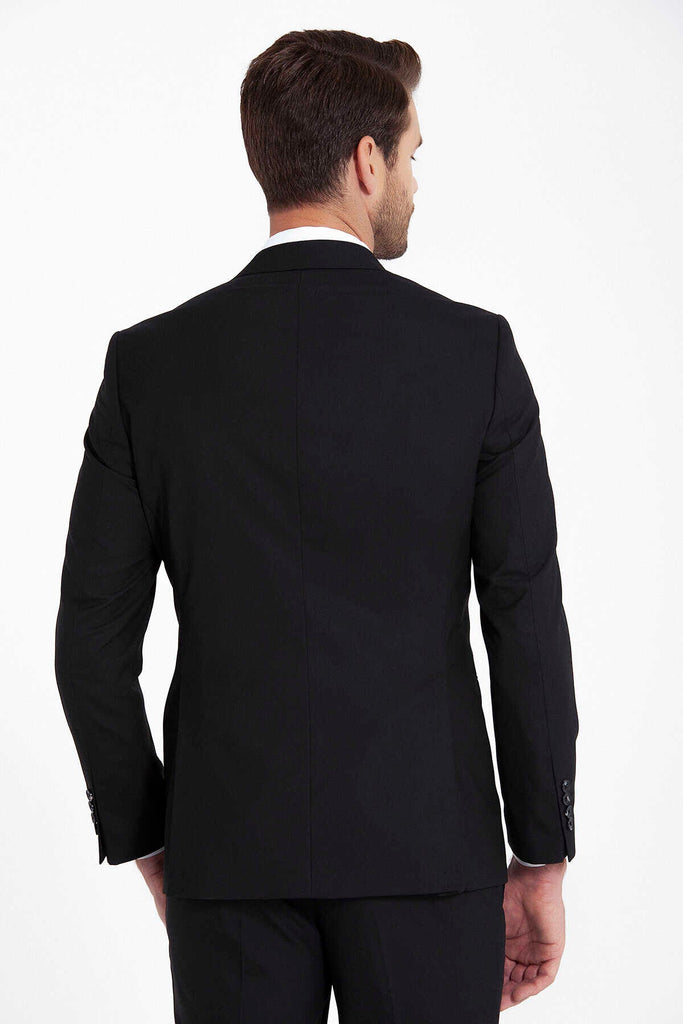 Slim Fit Notch Lapel Plain Black Classic Suit - Classic Suit