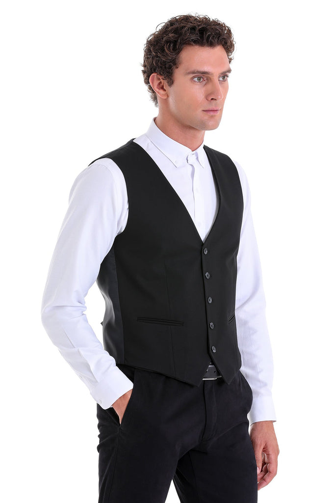 Slim Fit Notch Lapel Plain Black Vest - Vest
