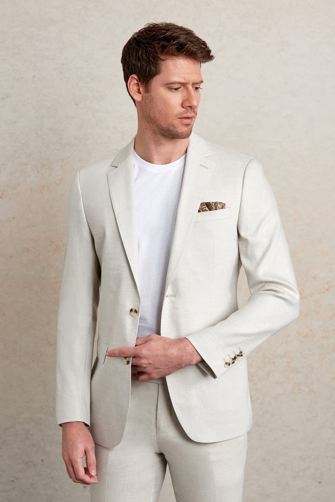 Slim Fit Notch Lapel Plain Linen Light Gray Casual Suit