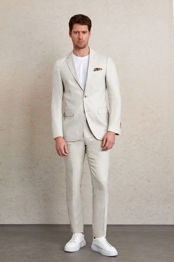 Slim Fit Notch Lapel Plain Linen Light Gray Casual Suit -
