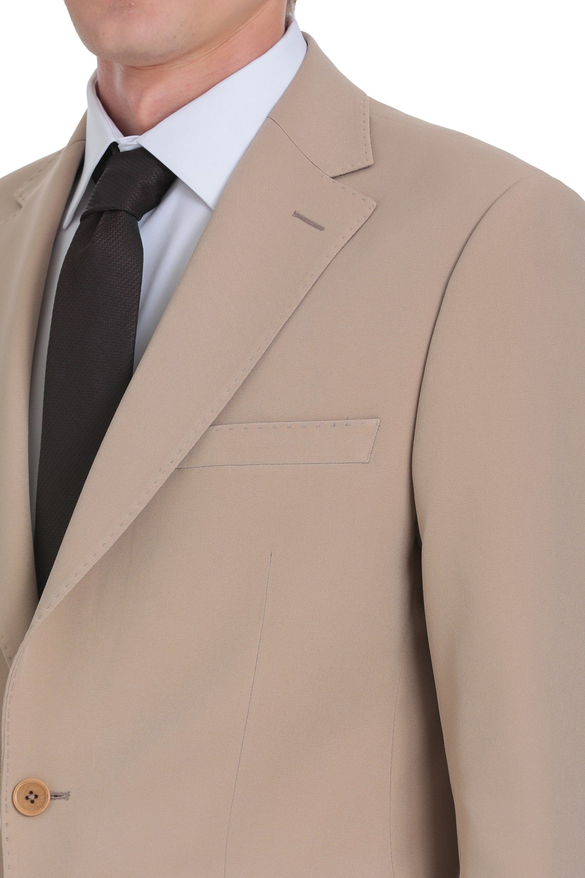 Beige tailored suit jacket with a single-breasted design, featuring a notched lapel and a wooden button.