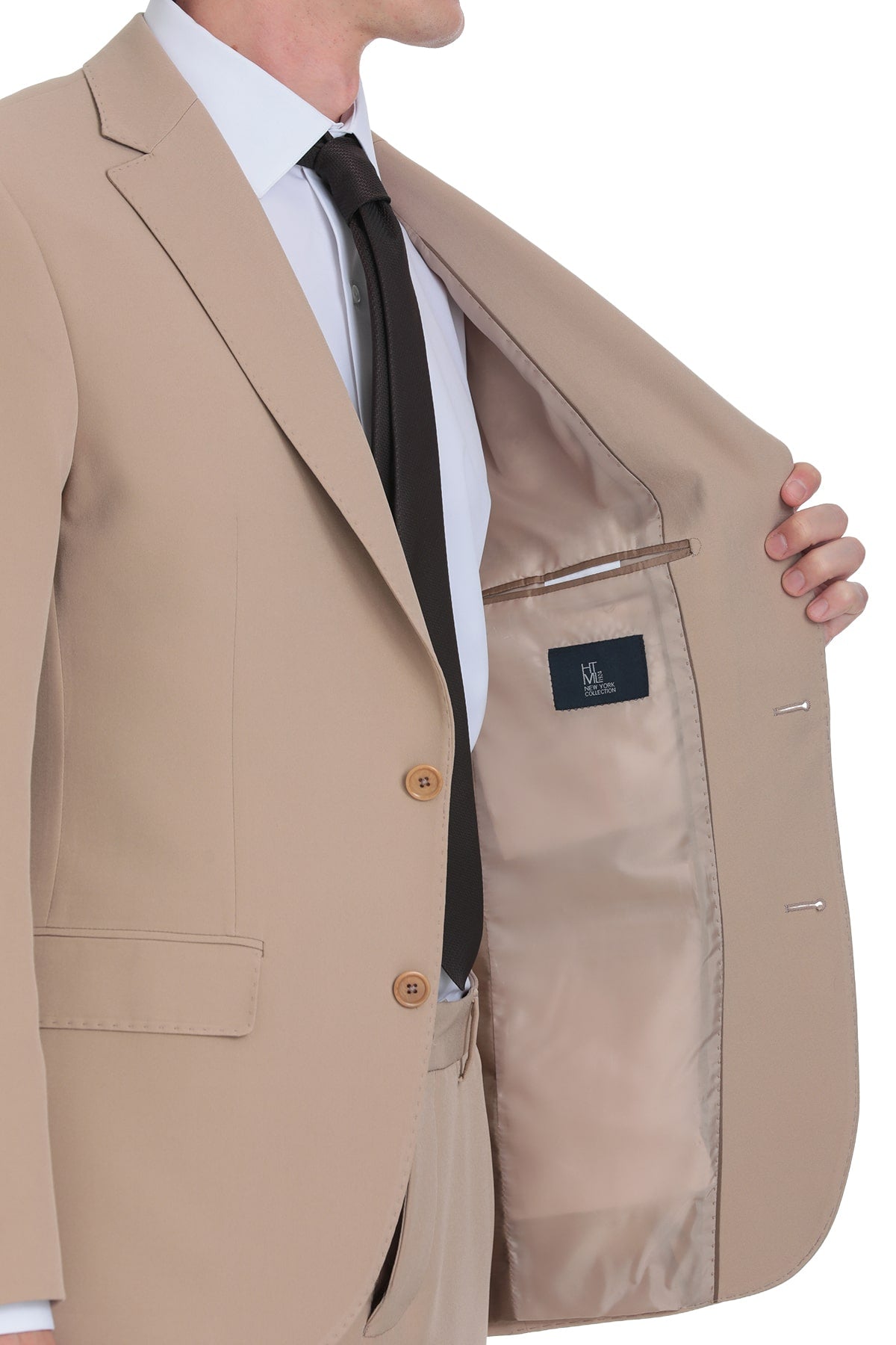 Beige tailored blazer with matching interior lining and tan buttons.