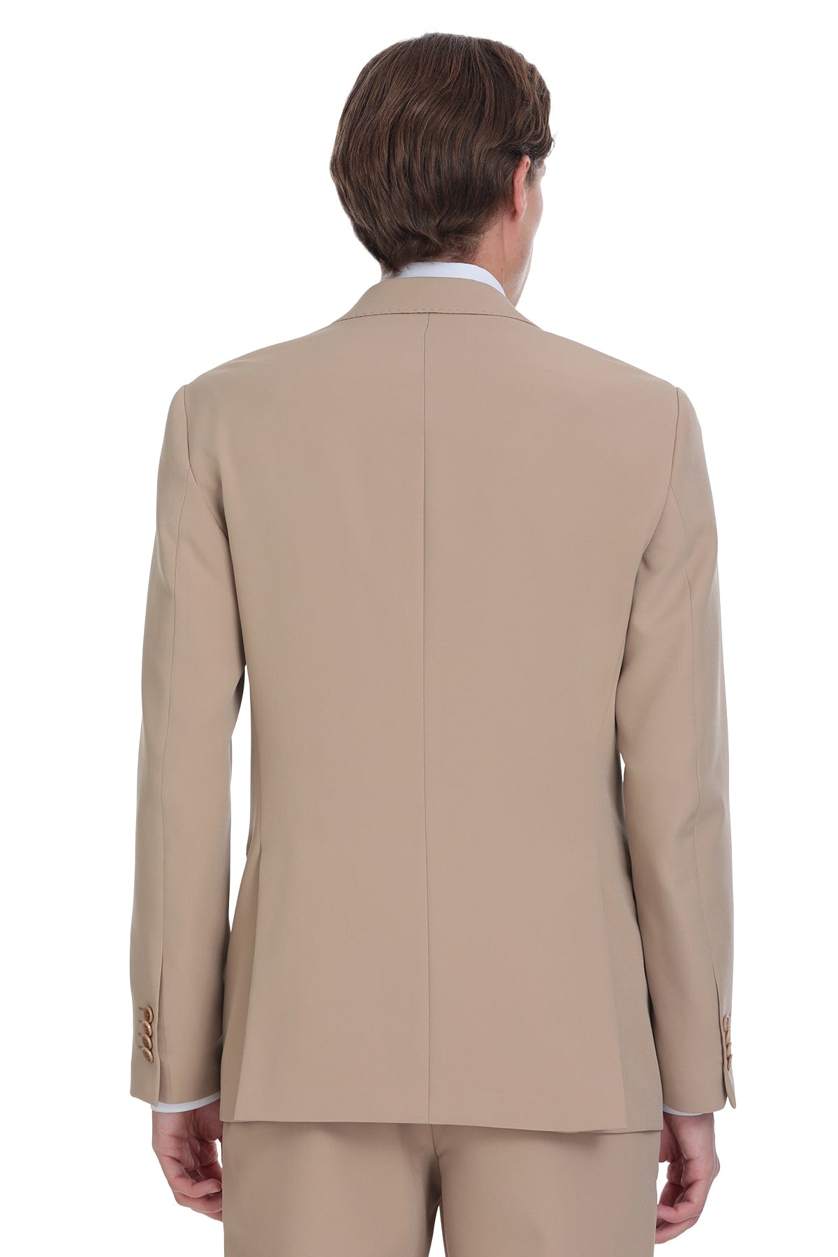 Beige tailored suit jacket with a clean, structured cut and subtle gold-toned button details on the cuffs.