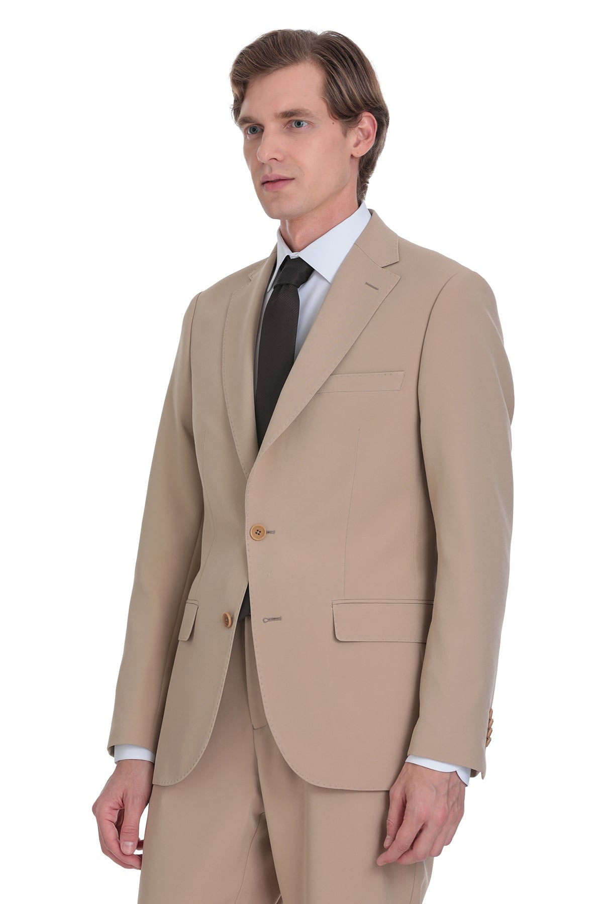 Beige two-button suit jacket with matching trousers, featuring a tailored fit and subtle texture.