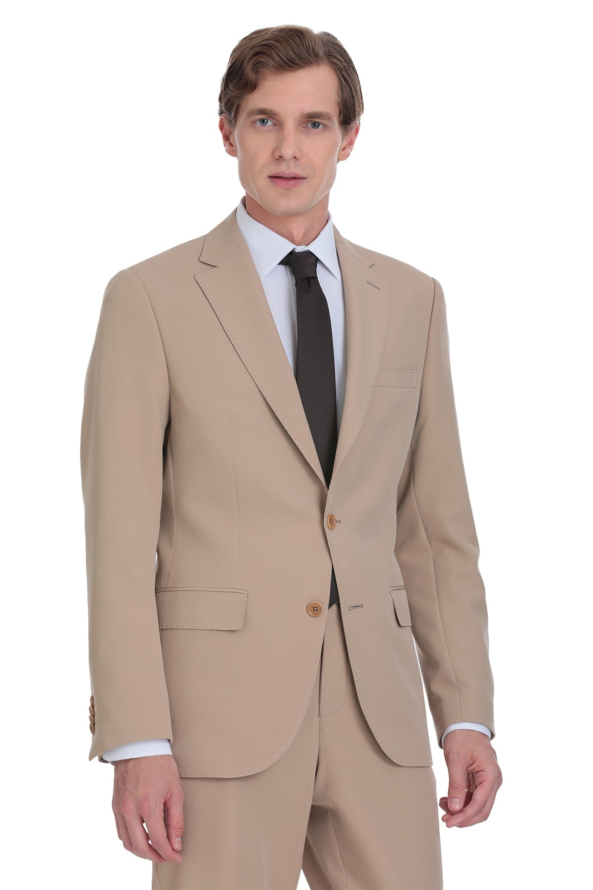 Beige two-button suit jacket with matching trousers, featuring a tailored fit and subtle texture.