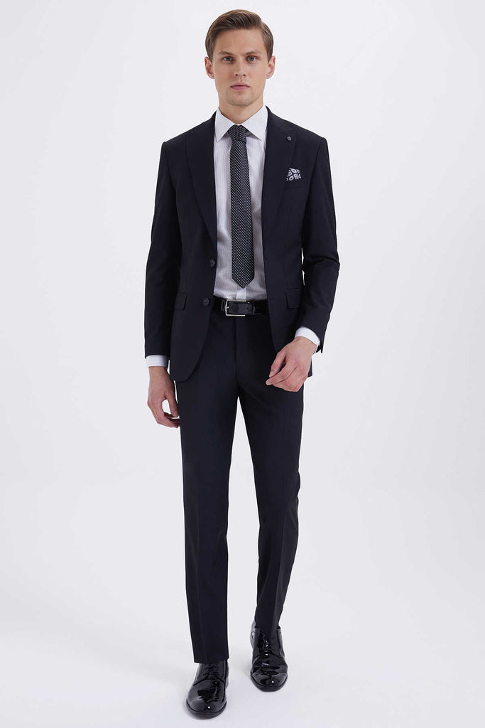 Slim Fit Notch Lapel Plain Wool Black Classic Suit - MIB