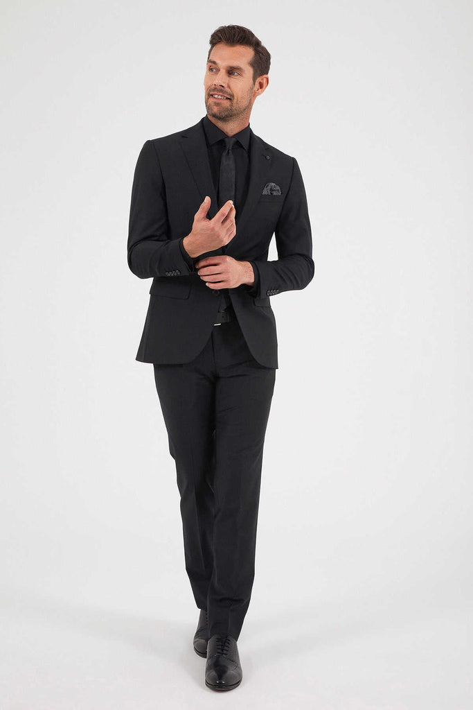 Slim Fit Notch Lapel Plain Wool Blend Black Classic Suit