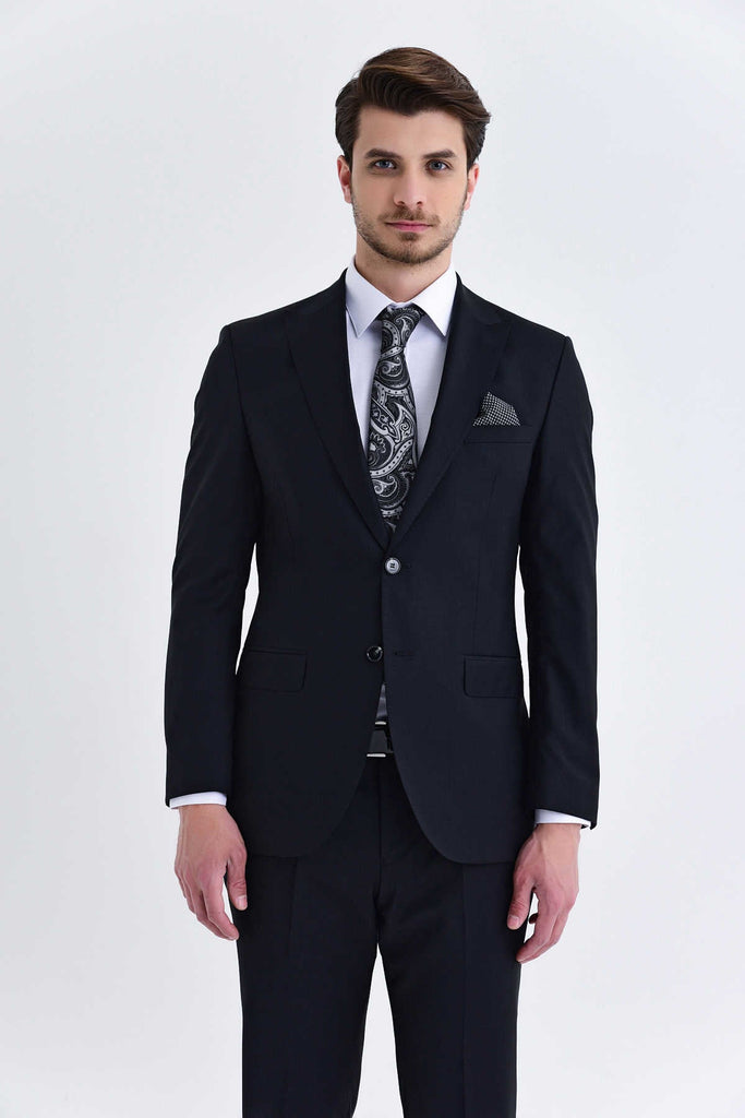 Slim Fit Notch Lapel Plain Wool Blend Black Classic Suit