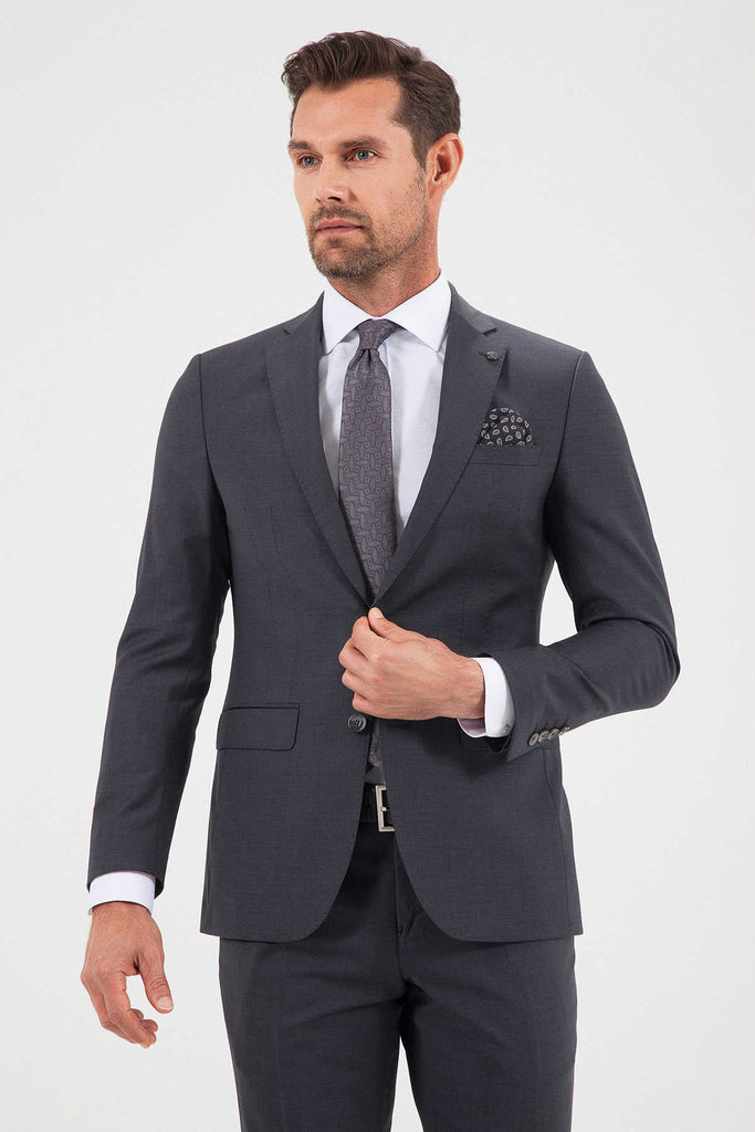 Slim Fit Notch Lapel Plain Wool Blend Gray Classic Suit