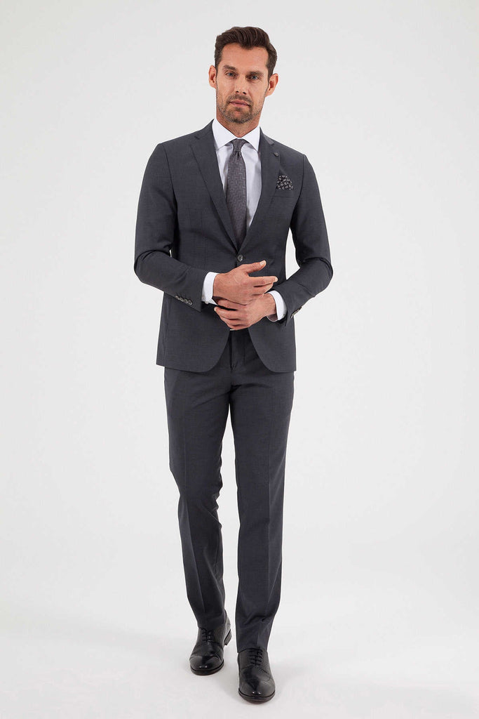 Slim Fit Notch Lapel Plain Wool Blend Gray Classic Suit
