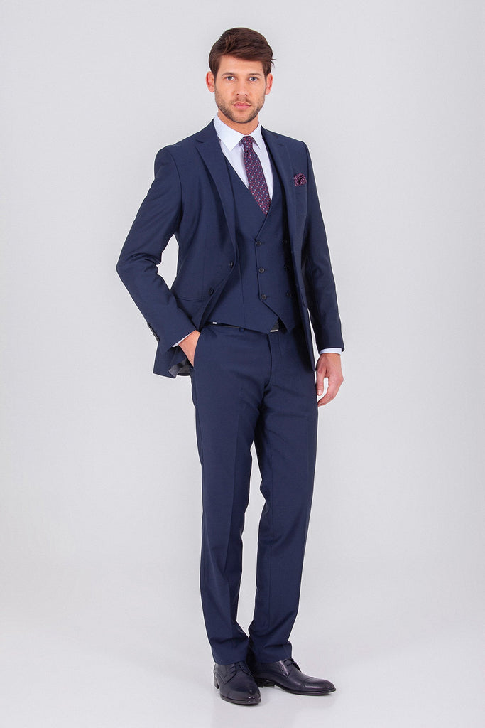 Slim Fit Notch Lapel Plain Wool Blend Navy Classic Suit