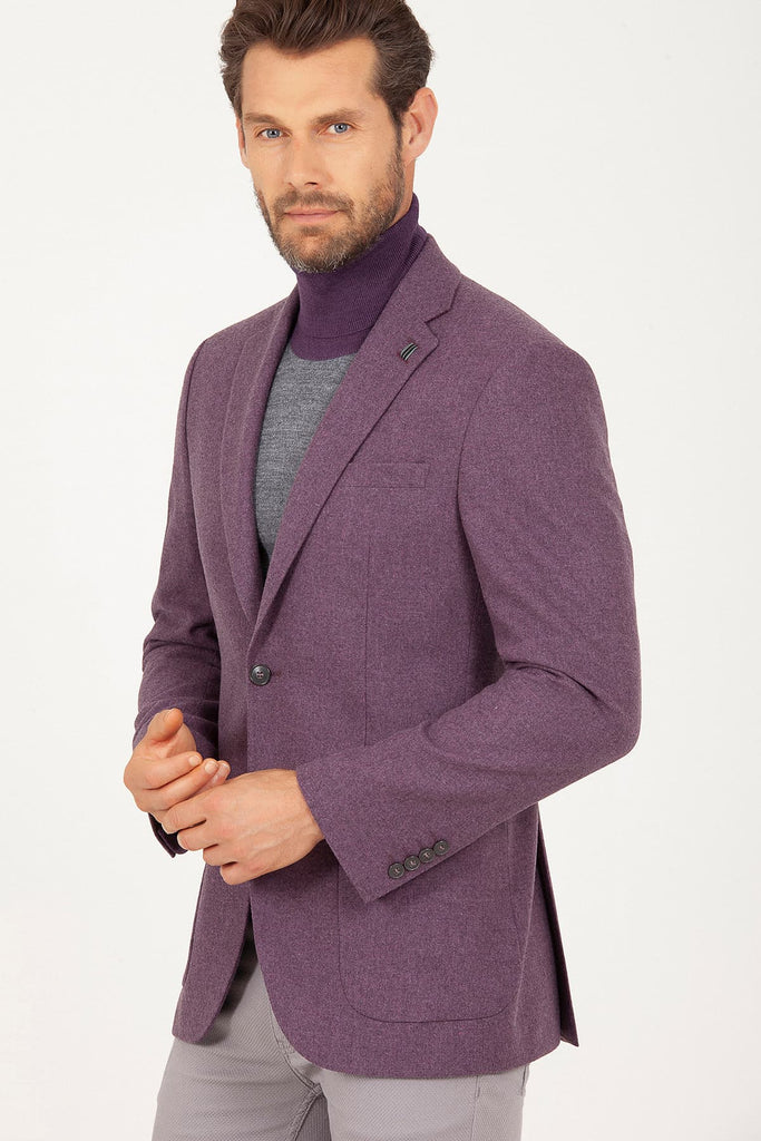 Slim Fit Notch Lapel Plain Wool Blend Purple Casual Blazer