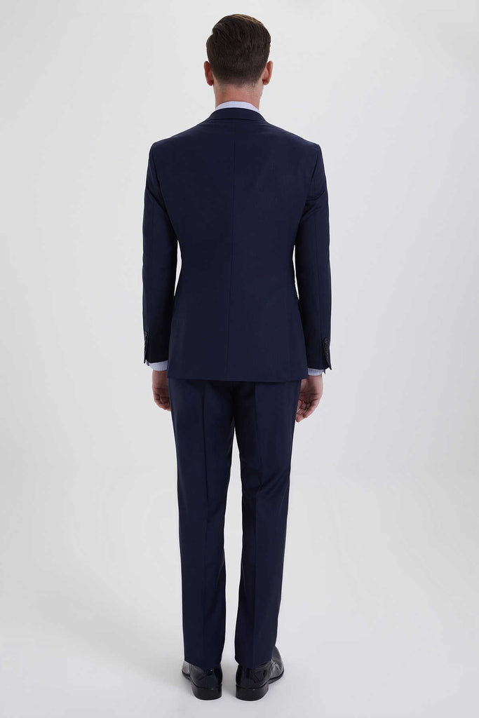 Slim Fit Notch Lapel Plain Wool Navy Classic Suit with Vest