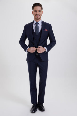 Slim Fit Notch Lapel Plain Wool Navy Classic Suit with Vest