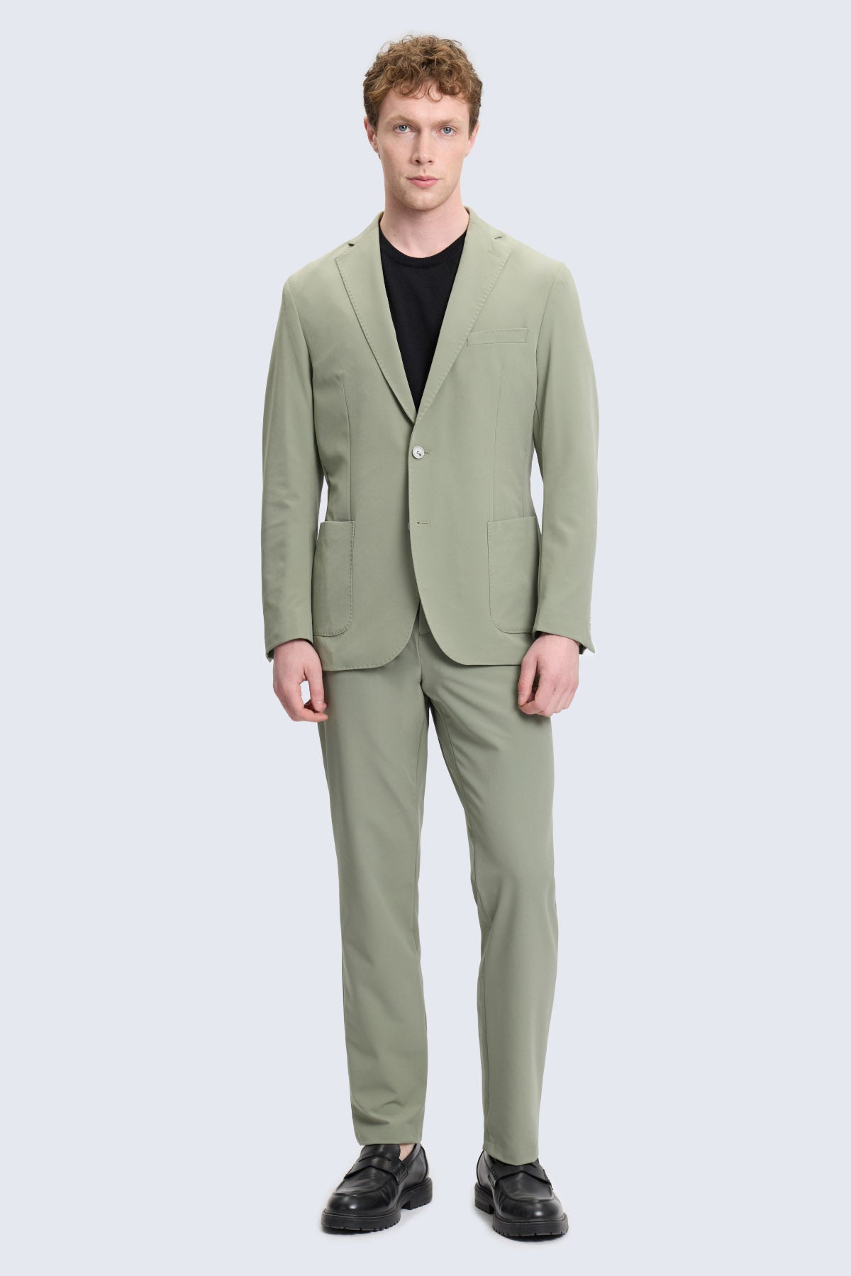 Slim fit sage green casual suit with notch lapel single-breasted jacket and matching tailored trousers