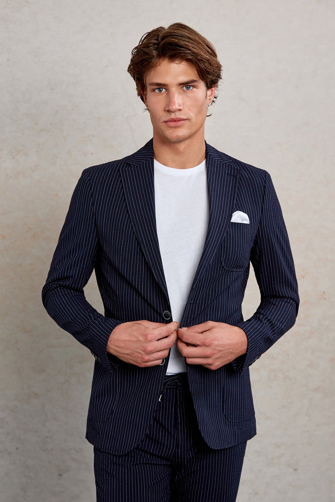 Slim Fit Notch Lapel Striped Gray Casual Suit - MIB
