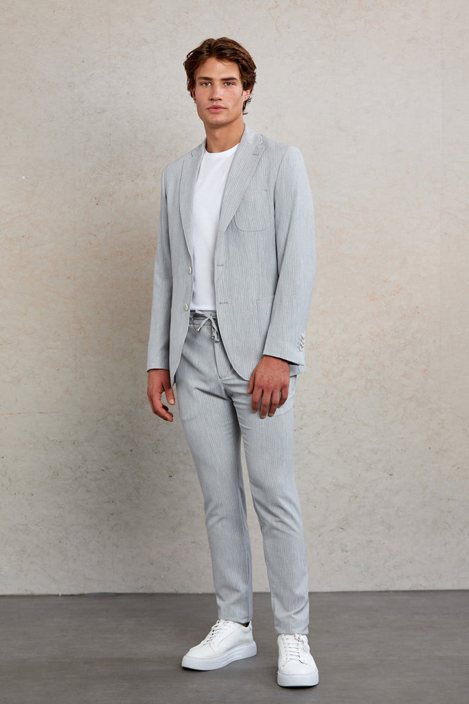 Slim Fit Notch Lapel Striped Gray Casual Suit - Casual Suit