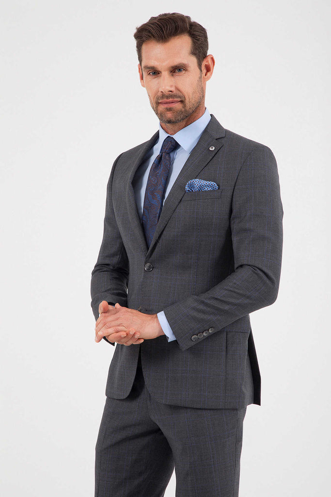 Slim Fit Notch Lapel Striped Wool Gray Classic Suit - MIB