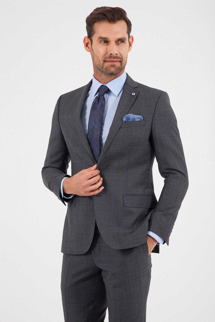 Slim Fit Notch Lapel Striped Wool Gray Classic Suit - MIB