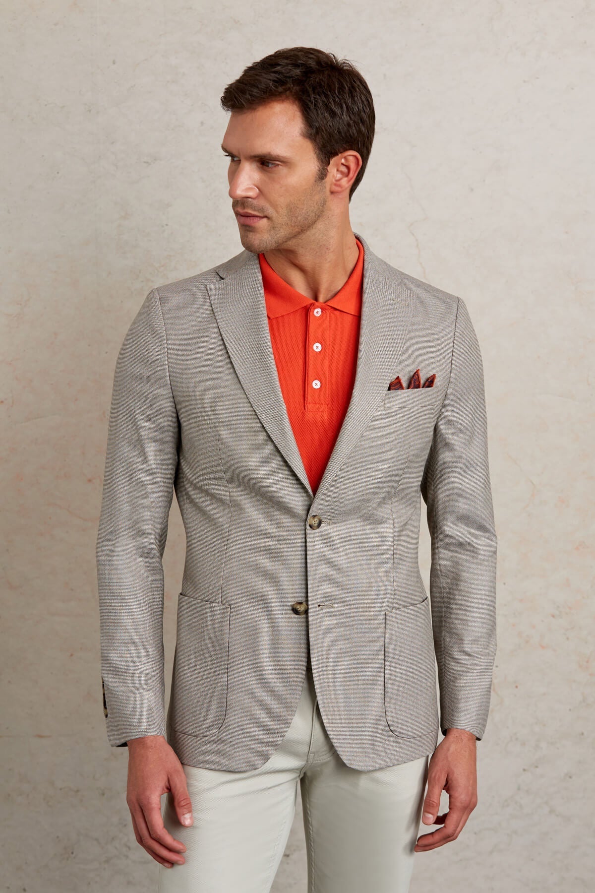 Slim Fit Notch Lapel Textured Beige Casual Blazer - SAYKI