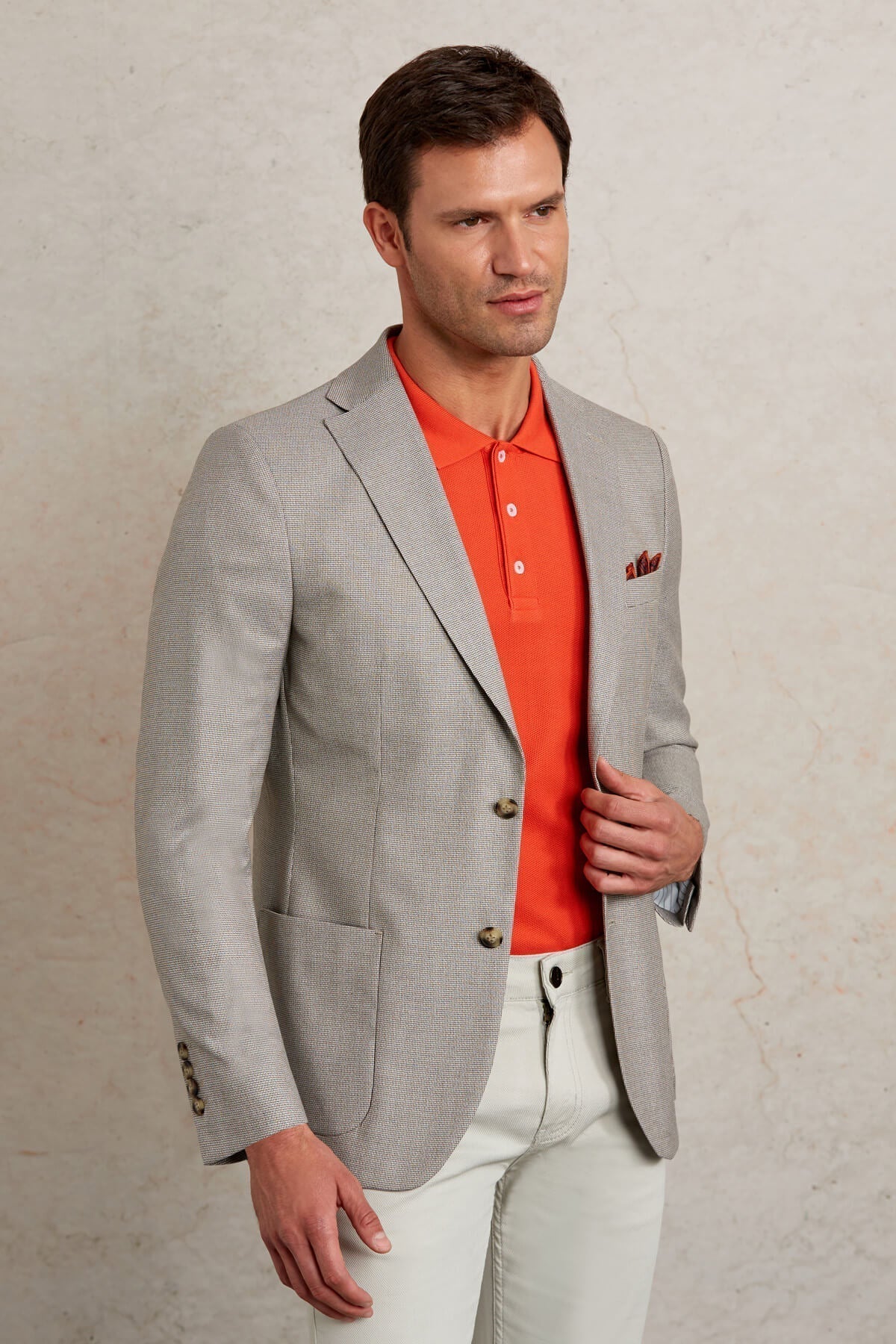 Slim Fit Notch Lapel Textured Beige Casual Blazer - SAYKI
