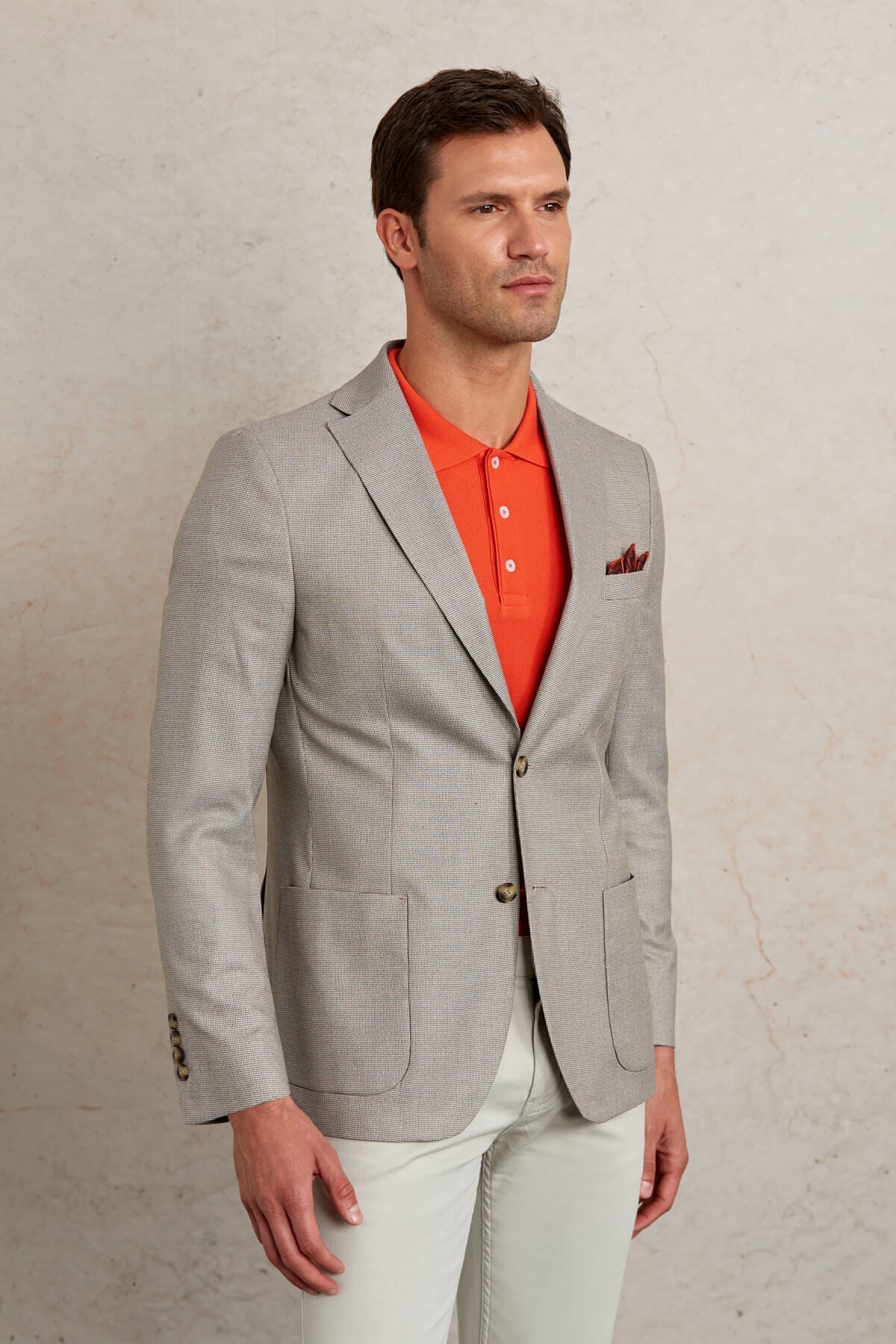 Slim Fit Notch Lapel Textured Beige Casual Blazer - SAYKI
