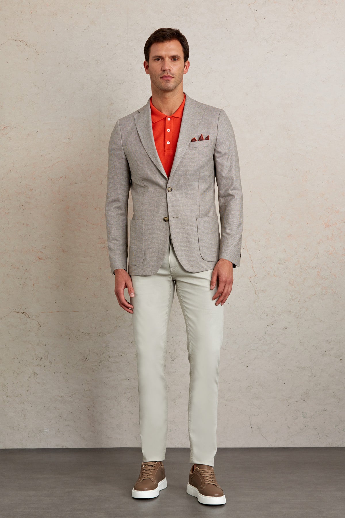 Slim Fit Notch Lapel Textured Beige Casual Blazer - SAYKI