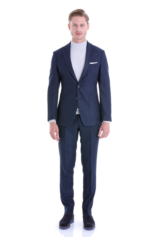 Navy blue tailored suit with a single-breasted design and two-button closure