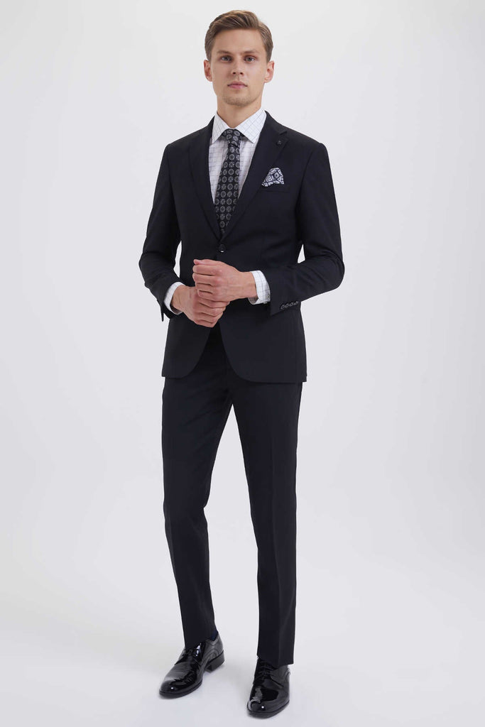 Slim Fit Notch Lapel Wool Black Casual Suit - MIB