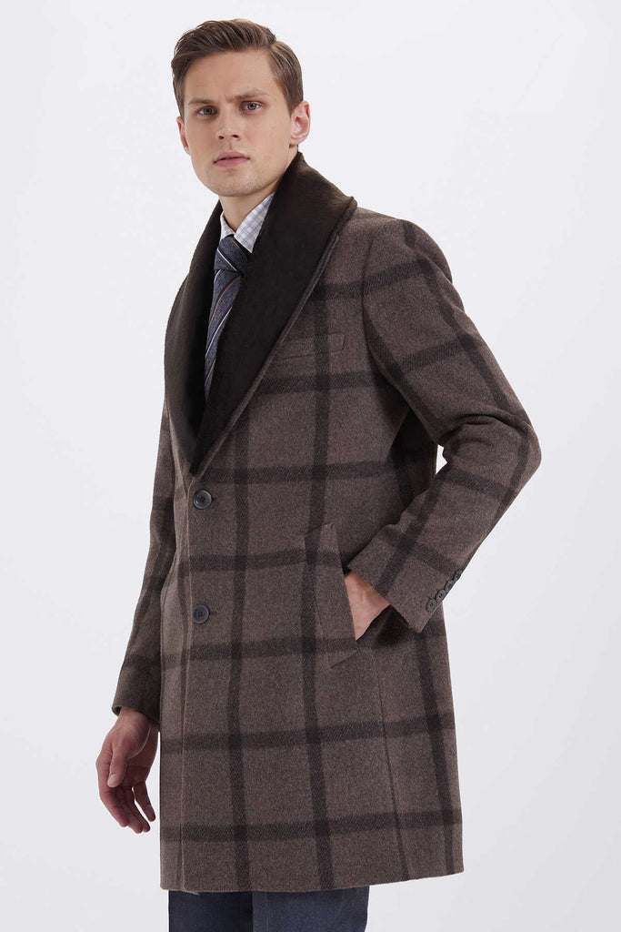 Slim Fit Notch Lapel Wool Brown Overcoat - MIB