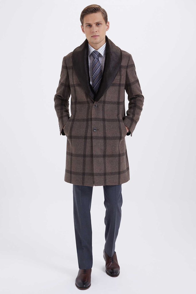 Slim Fit Notch Lapel Wool Brown Overcoat - MIB