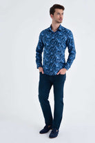 Slim Fit Palm Tree Printed Cotton Navy Casual Shirt - SAYKI