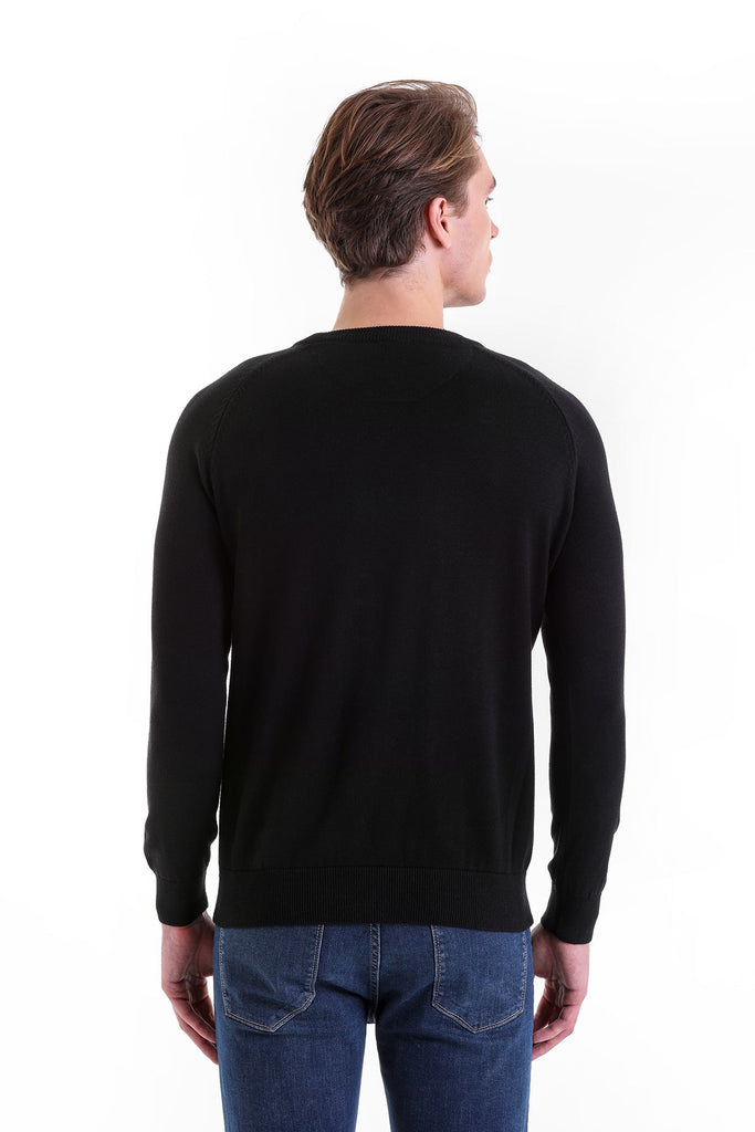 Slim Fit Patterned Cotton Blend Black Crewneck Sweater - MIB