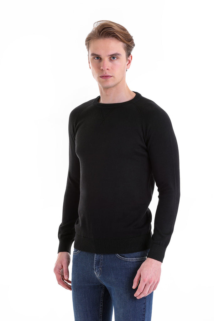 Slim Fit Patterned Cotton Blend Black Crewneck Sweater - MIB