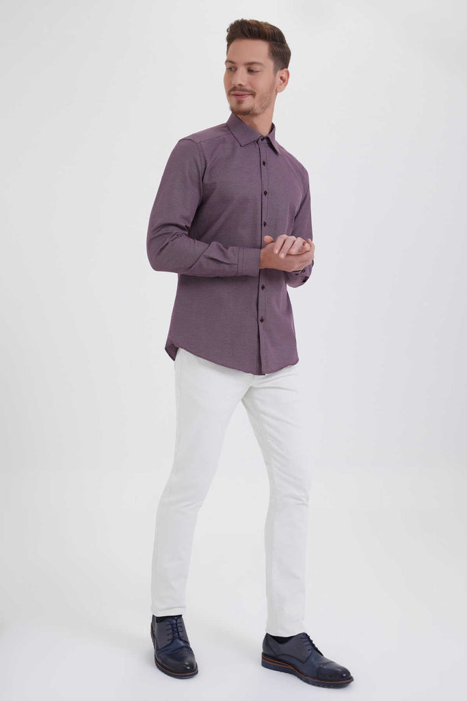 Slim Fit Patterned Cotton Blend Burgundy Casual Shirt - MIB