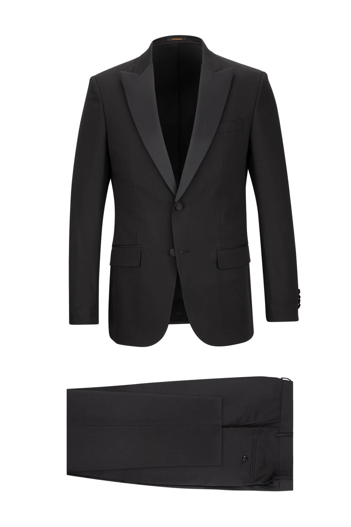 Black tuxedo suit with satin lapels and matching trousers.