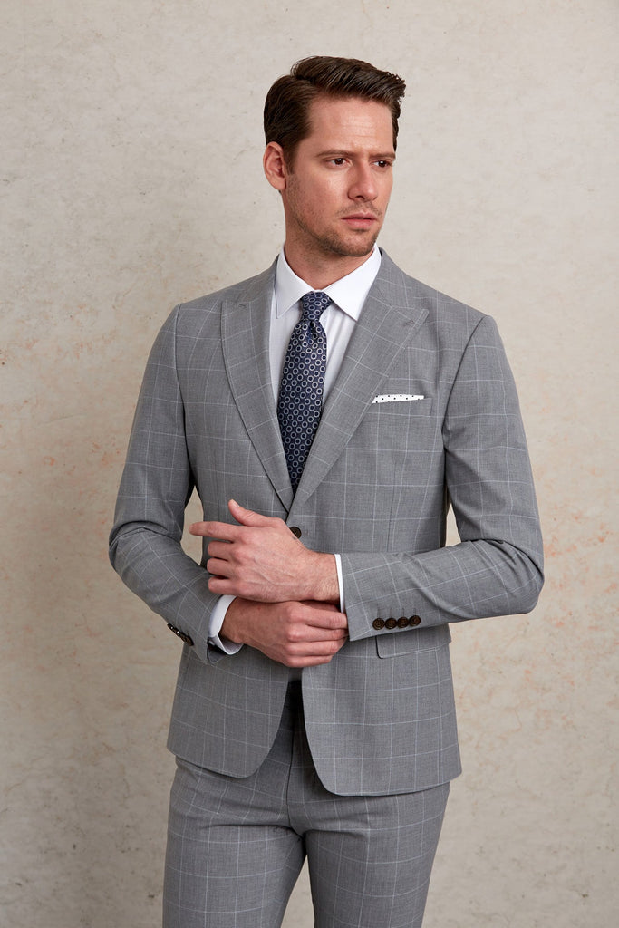 Slim Fit Peak Lapel Checked Wool Blend Gray Classic Suit