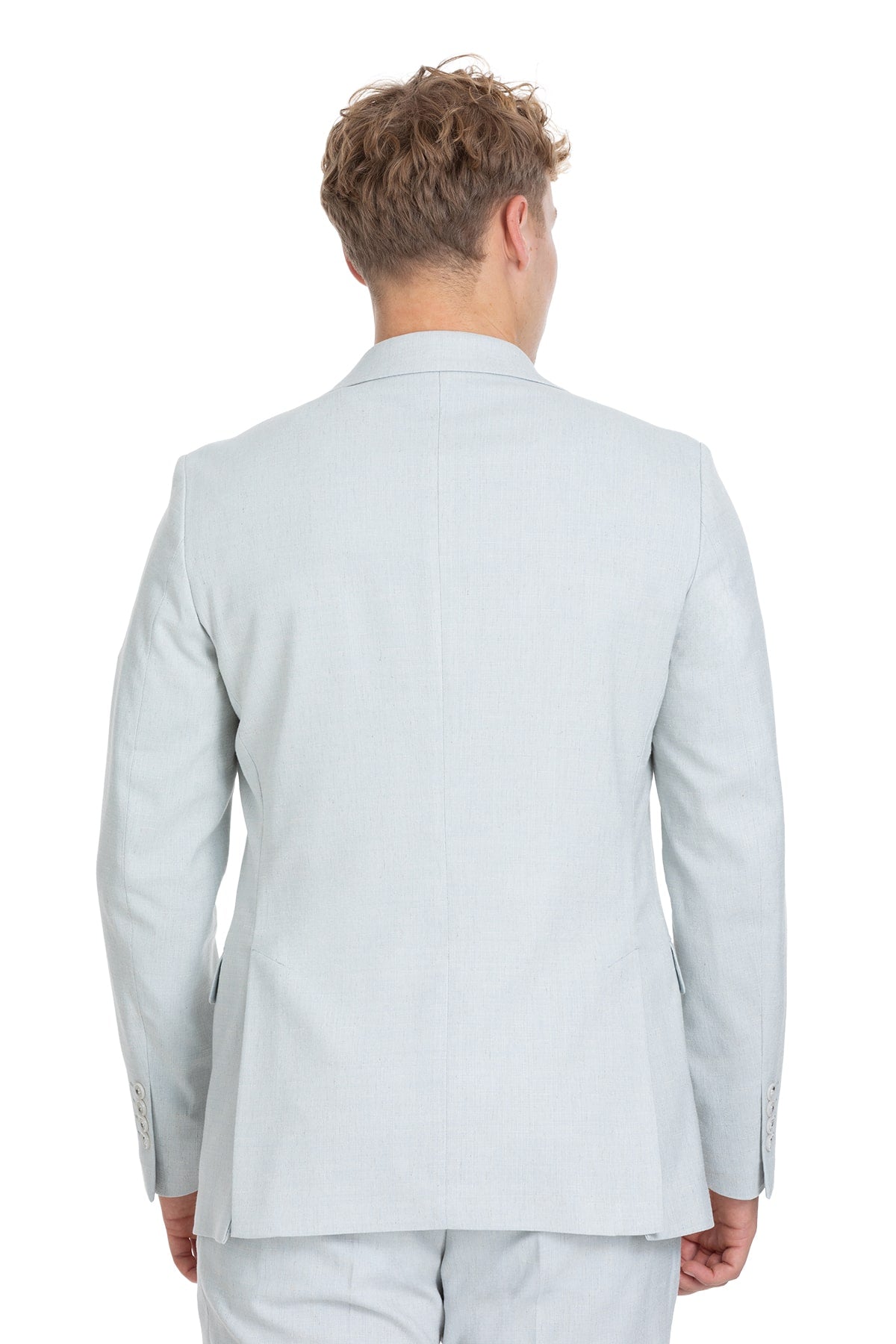 Slim fit light blue peak lapel suit jacket made of linen-cotton with a clean structured design and subtle texture