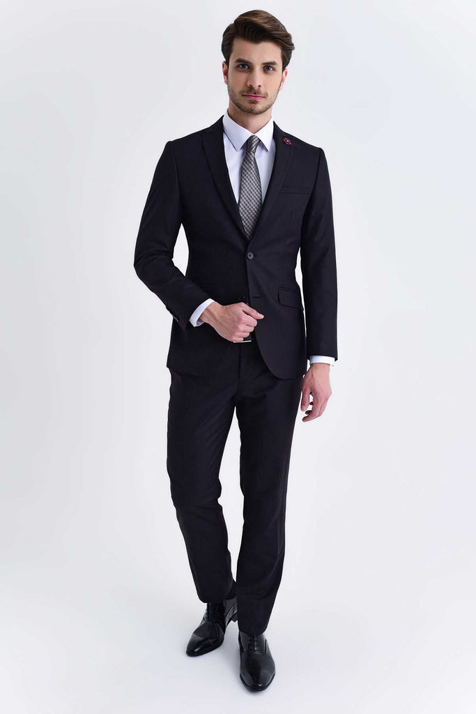 Slim Fit Peak Lapel Patterned Navy Casual Suit - MIB