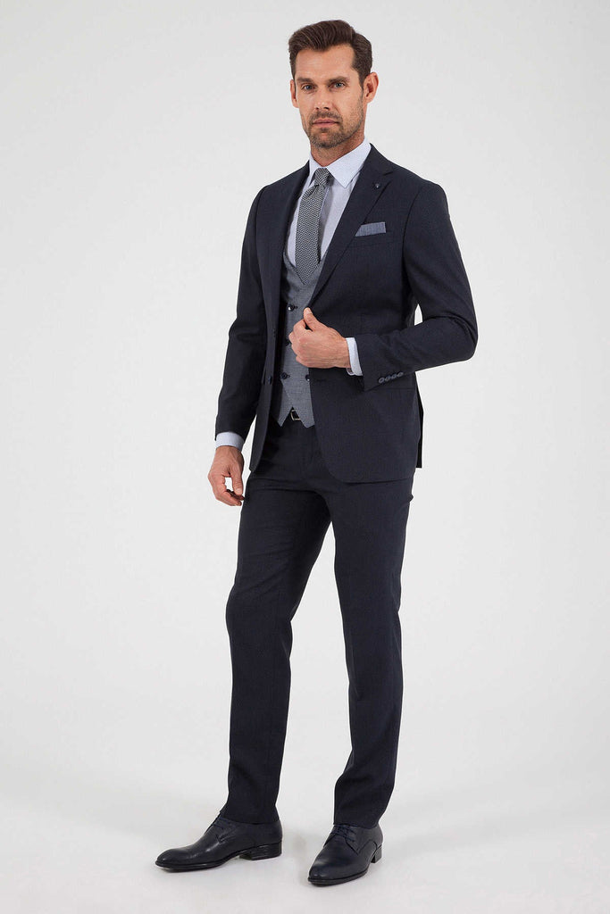 Slim Fit Peak Lapel Patterned Wool Blend Black Casual Suit