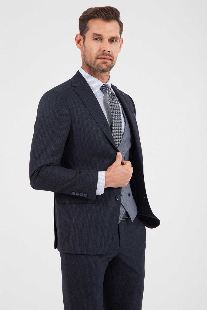 Slim Fit Peak Lapel Patterned Wool Blend Black Casual Suit