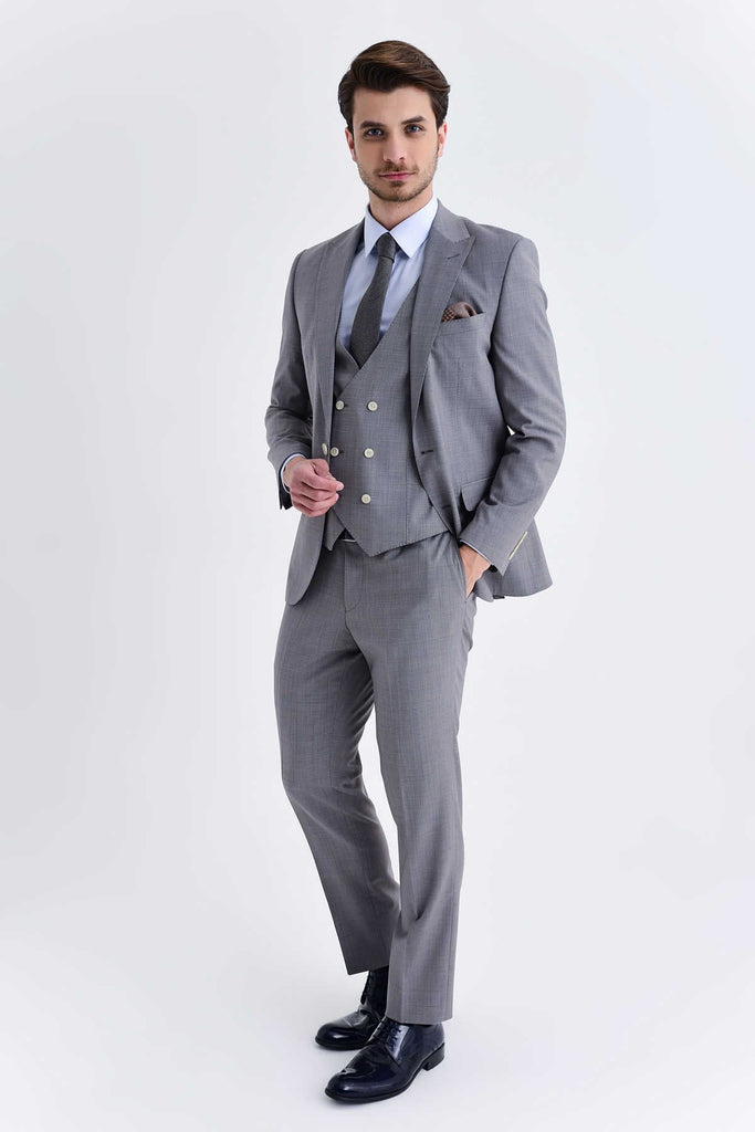 Slim Fit Peak Lapel Patterned Wool Blend Gray Classic Suit