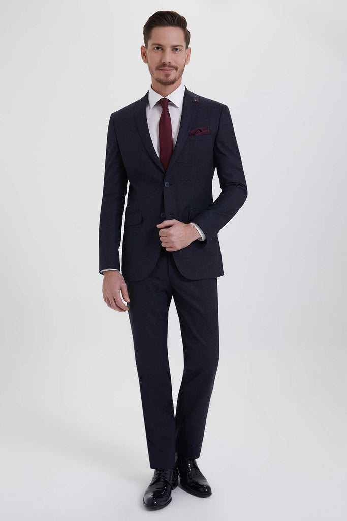Slim Fit Peak Lapel Patterned Wool Blend Navy Casual Suit