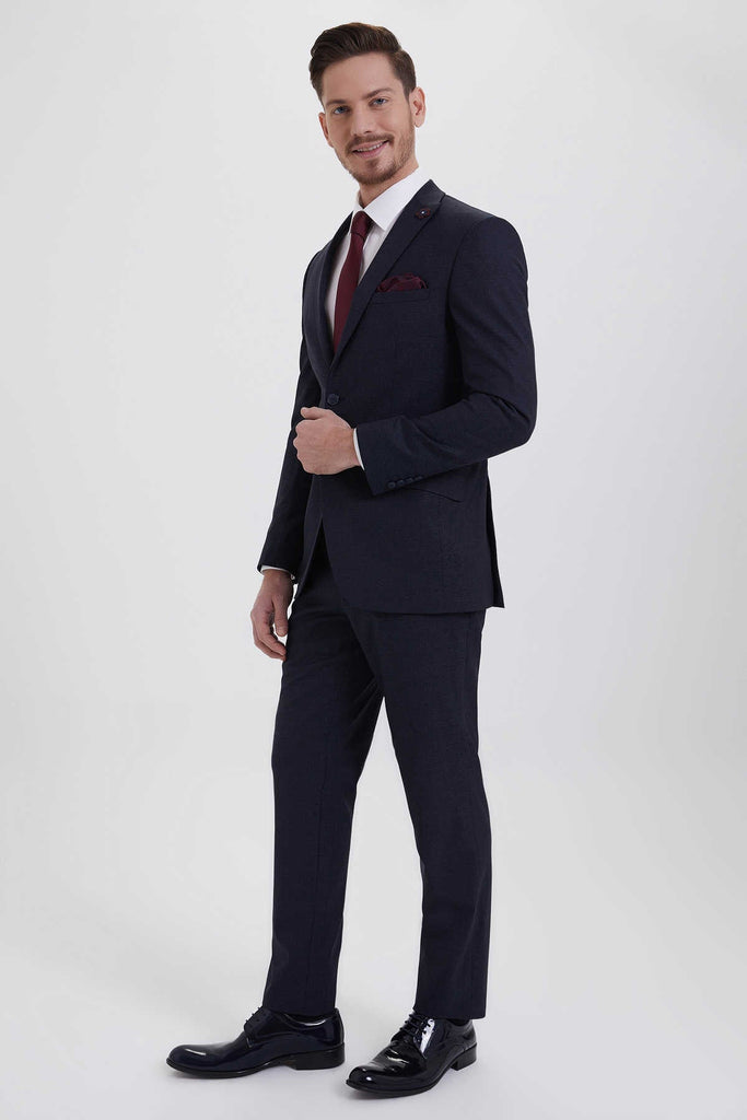 Slim Fit Peak Lapel Patterned Wool Blend Navy Casual Suit