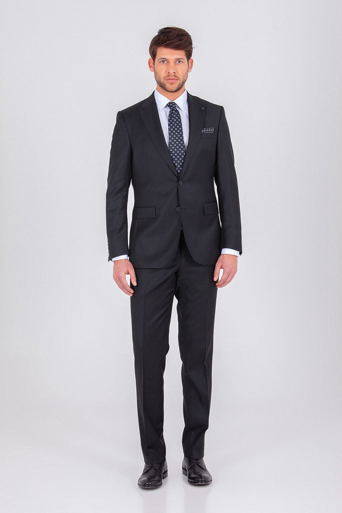 Slim Fit Peak Lapel Patterned Wool Blend Navy Classic Suit -