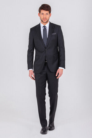 Slim Fit Peak Lapel Patterned Wool Blend Navy Classic Suit