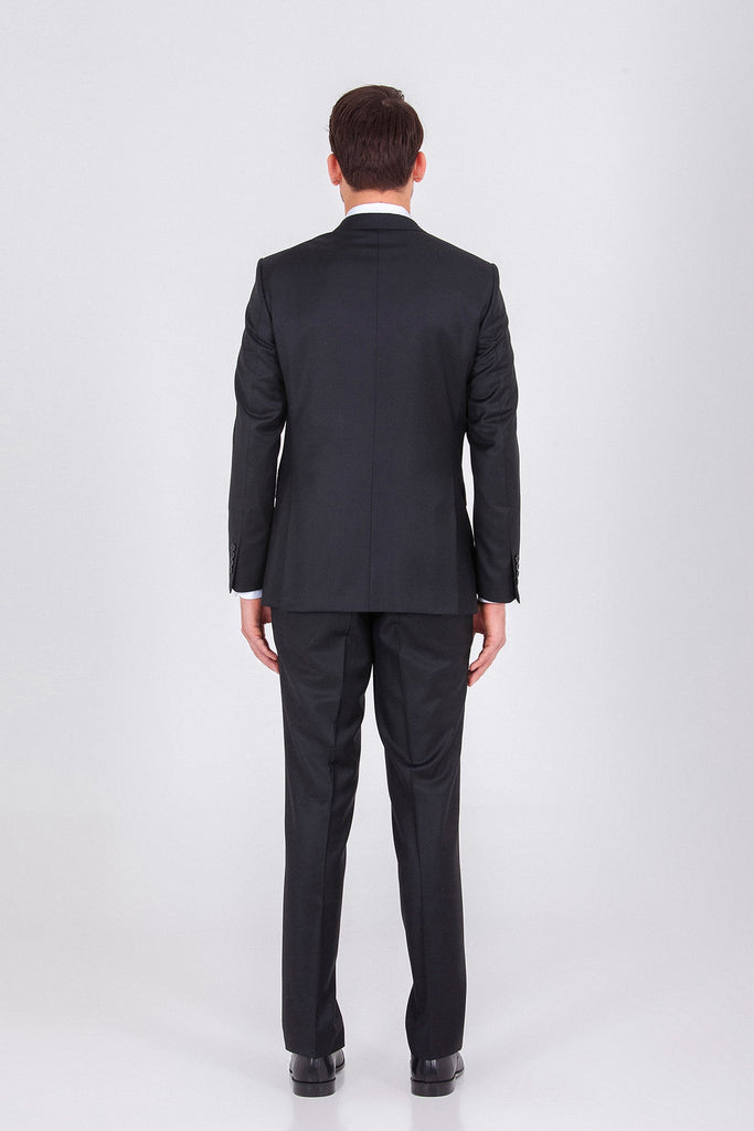 Slim Fit Peak Lapel Patterned Wool Blend Navy Classic Suit -