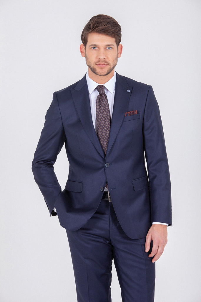 Slim Fit Peak Lapel Patterned Wool Blend Navy Classic Suit -